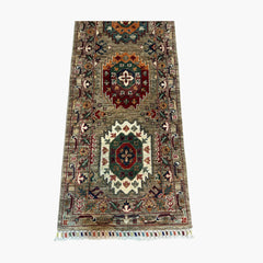 Waziri 5.9 x 2.8 Wool Runner – Tribal Medallion Design in Earthy Grey with Jewel-Tone Accents