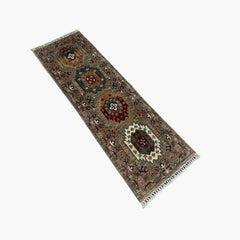 Waziri 5.9 x 2.8 Wool Runner – Tribal Medallion Design in Earthy Grey with Jewel-Tone Accents