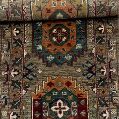 Waziri 5.9 x 2.8 Wool Runner – Tribal Medallion Design in Earthy Grey with Jewel-Tone Accents