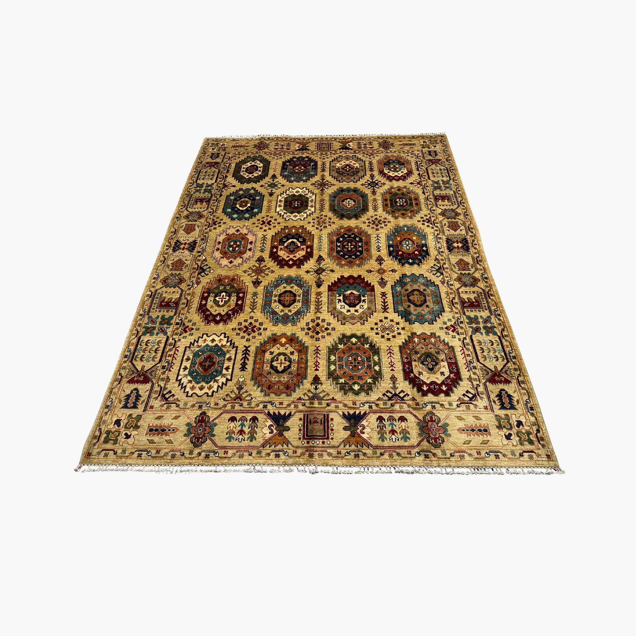 Waziri 10 x 7.7 Wool Rug – Golden Sand Field with Octagonal Medallions & Tribal Borders