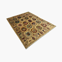 Waziri 10 x 7.7 Wool Rug – Golden Sand Field with Octagonal Medallions & Tribal Borders