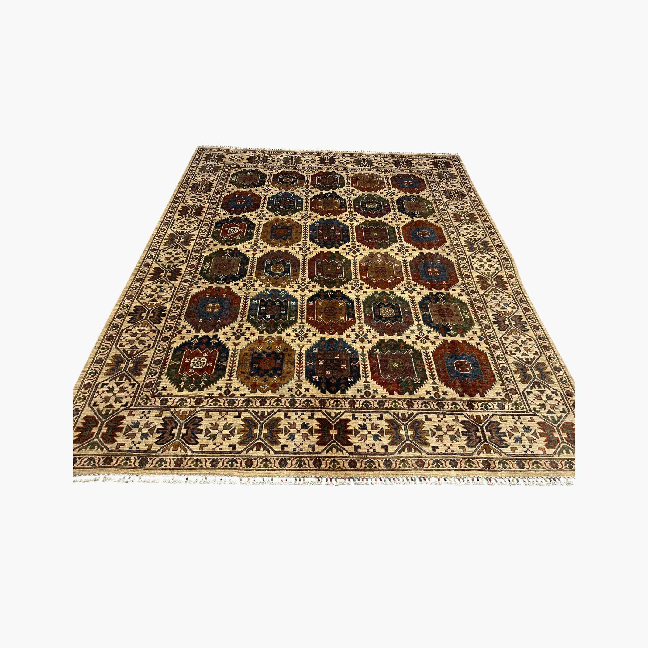 Waziri 9.6 x 8.1 Wool Rug – Golden Field with Multicolour Tribal Medallions