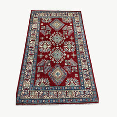 Afghan Kazak 6.7 x 3.9 Rug – Deep Red Field with Tribal Geometric Medallions