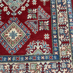 Afghan Kazak 6.7 x 3.9 Rug – Deep Red Field with Tribal Geometric Medallions