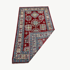 Afghan Kazak 6.7 x 3.9 Rug – Deep Red Field with Tribal Geometric Medallions