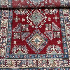 Afghan Kazak 6.7 x 3.9 Rug – Deep Red Field with Tribal Geometric Medallions