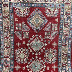 Afghan Kazak 6.7 x 3.9 Rug – Deep Red Field with Tribal Geometric Medallions