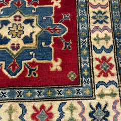 Afghan Kazak 3.9 x 2.6 Rug – Symmetrical Medallion & Tribal Border Design in Red, Blue, and Cream