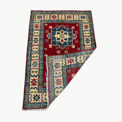 Afghan Kazak 3.9 x 2.6 Rug – Symmetrical Medallion & Tribal Border Design in Red, Blue, and Cream