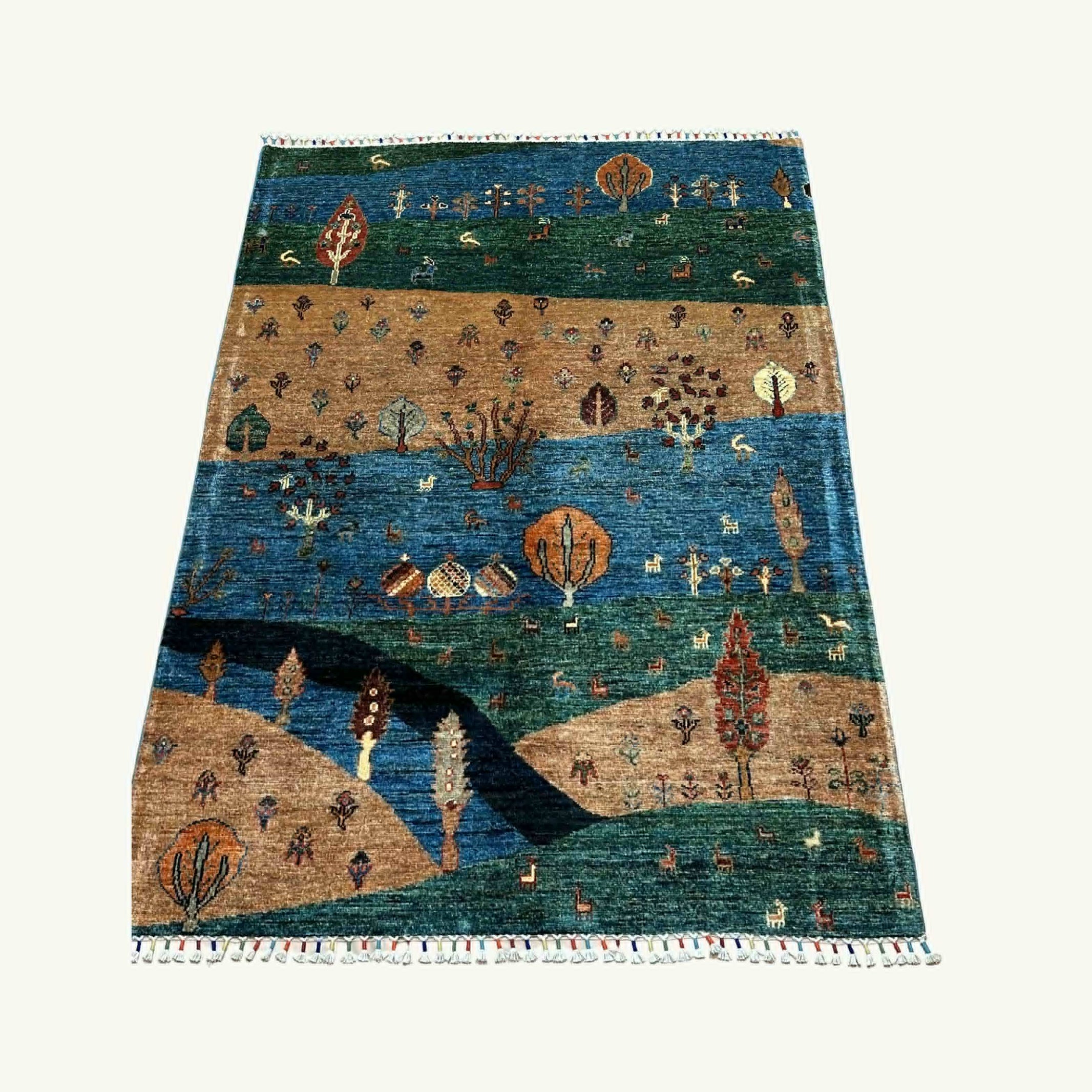 Landscape 5.6 x 3.9 Wool Rug – Nature Motifs on Sky, Earth & Forest Panels