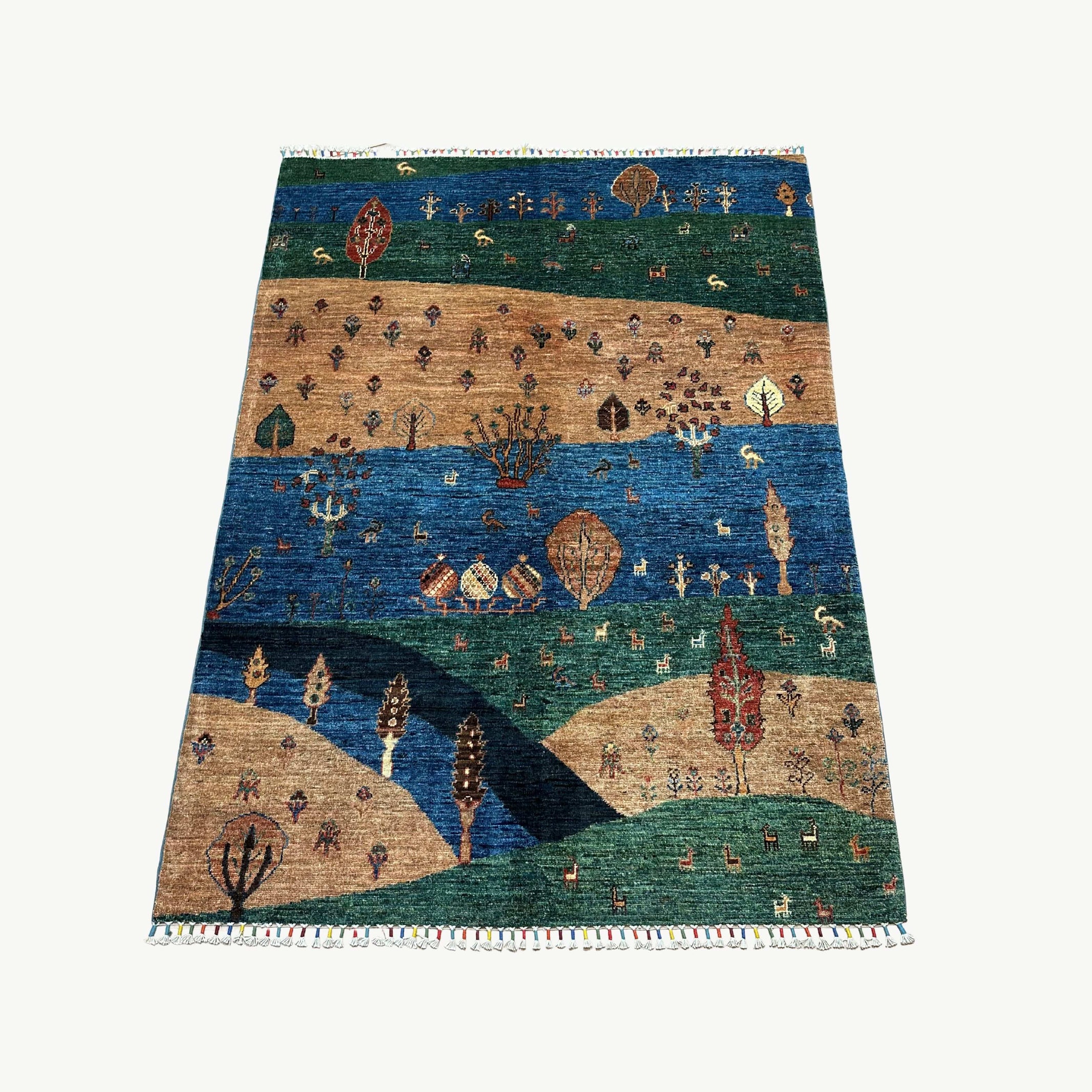 Landscape 5.6 x 4.1 Wool Rug – Hillside Scene with Wildlife, Trees & River in Botanical Tones