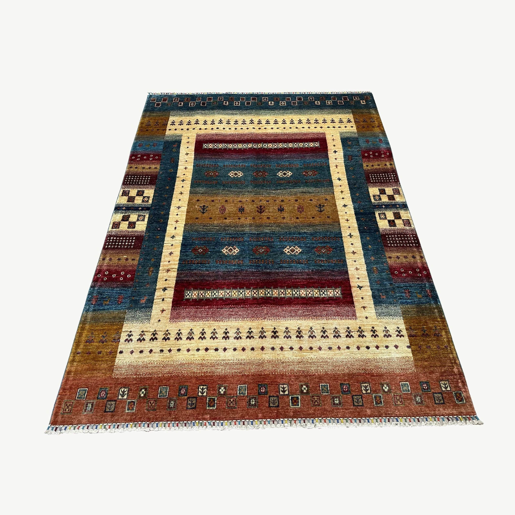 Afghan Ghaba 7.5 x 5.5 Wool Rug – Multicolor Striped Tribal Design